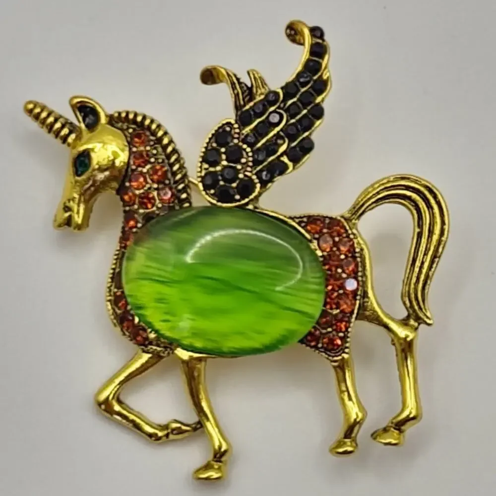 Winged Unicorn Brooch Green Jelly Belly w/ Black Crystal Wings Gold Tone Metal